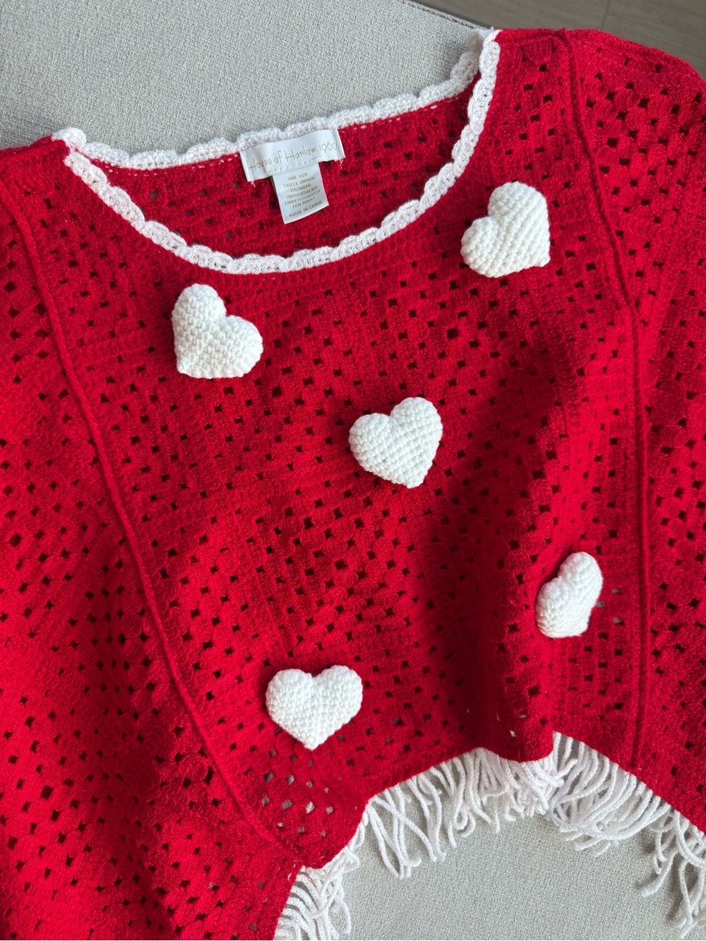 House of Harlow 1960 Crochet Red Heart Accent Fringed Women’s Sweater - Picture 2 of 6